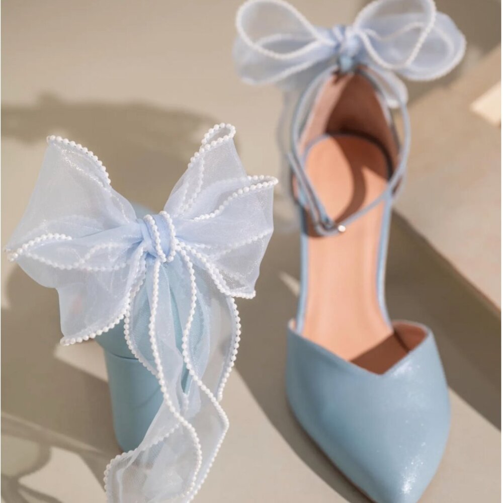 Light Blue Block Heel Wedding Shoes with Pearl Back Bow